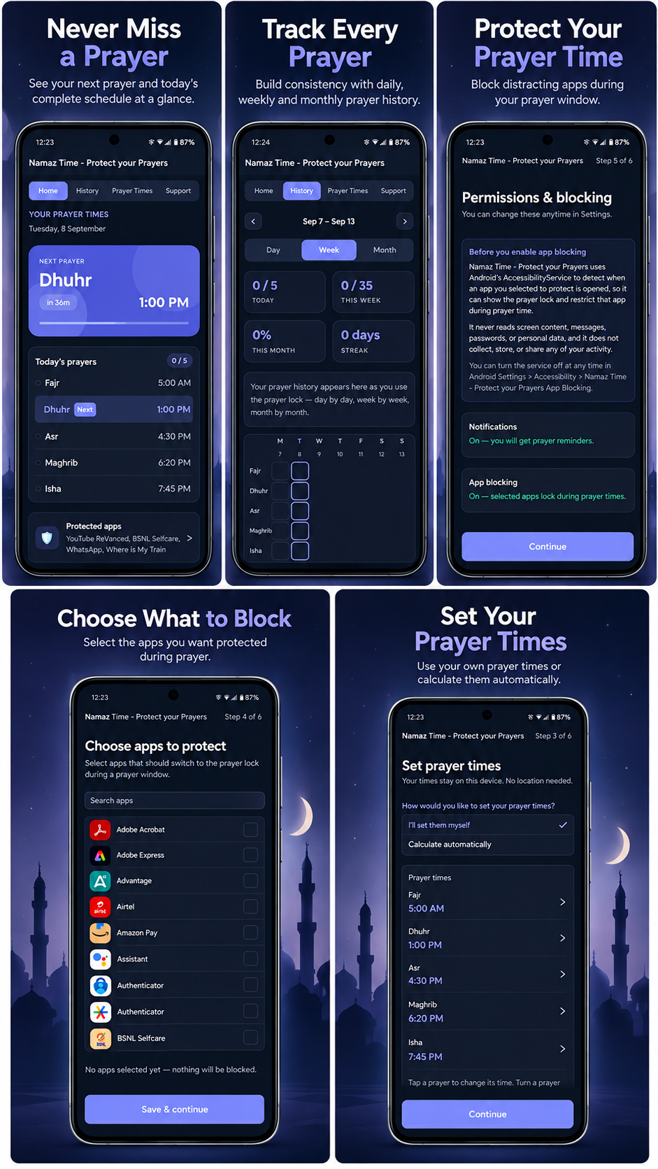 Namaz Time launch showcase covering reminders, history, protection, app selection and prayer times