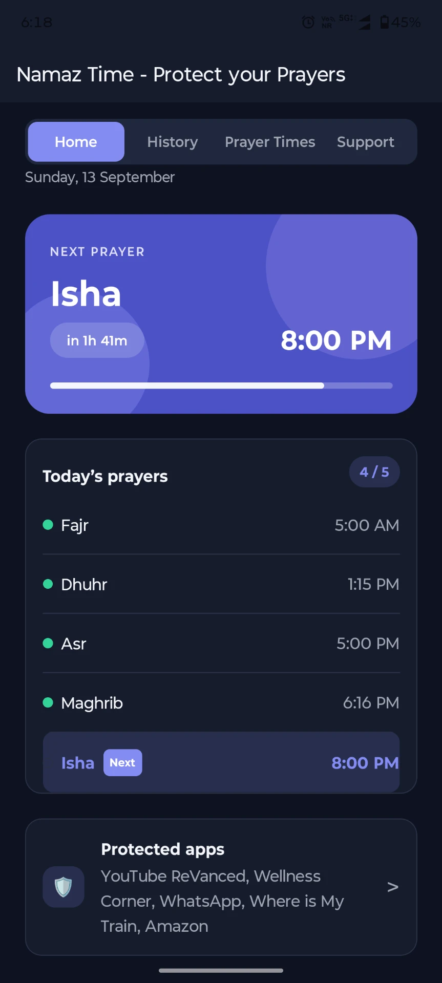 Namaz Time home screen showing the next prayer, today's prayers and protected apps