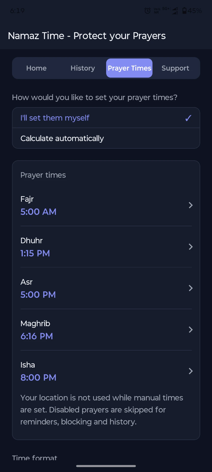Namaz Time manual prayer schedule settings