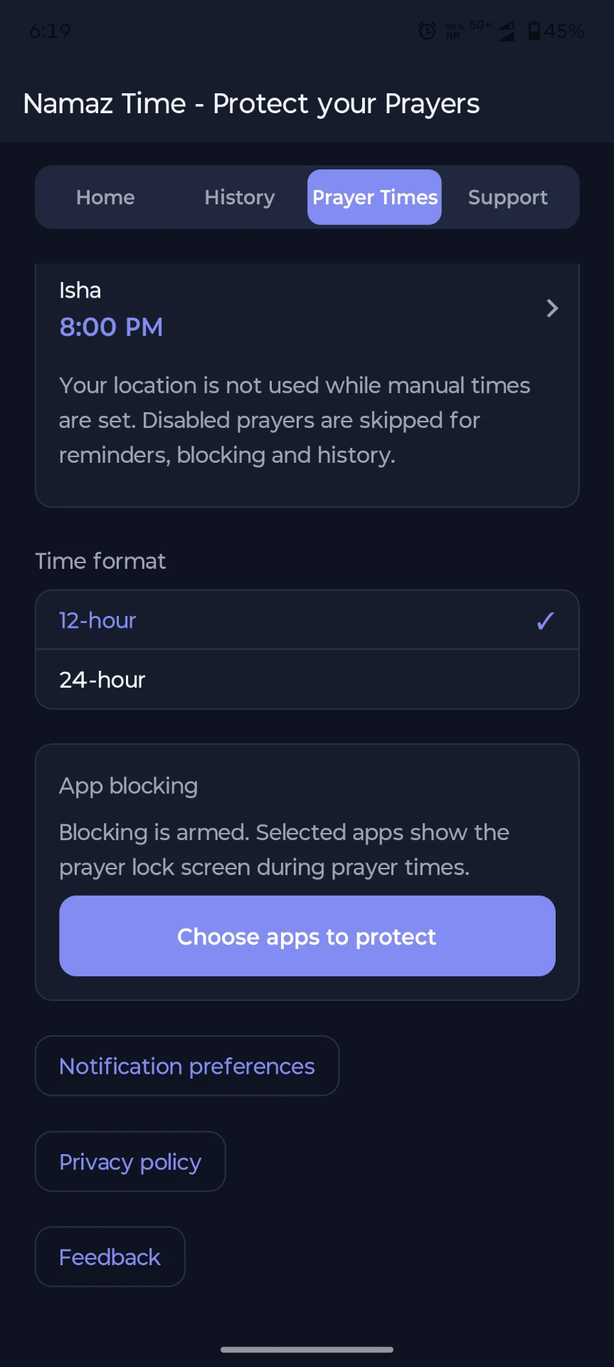 Namaz Time time format, notifications and app blocking settings