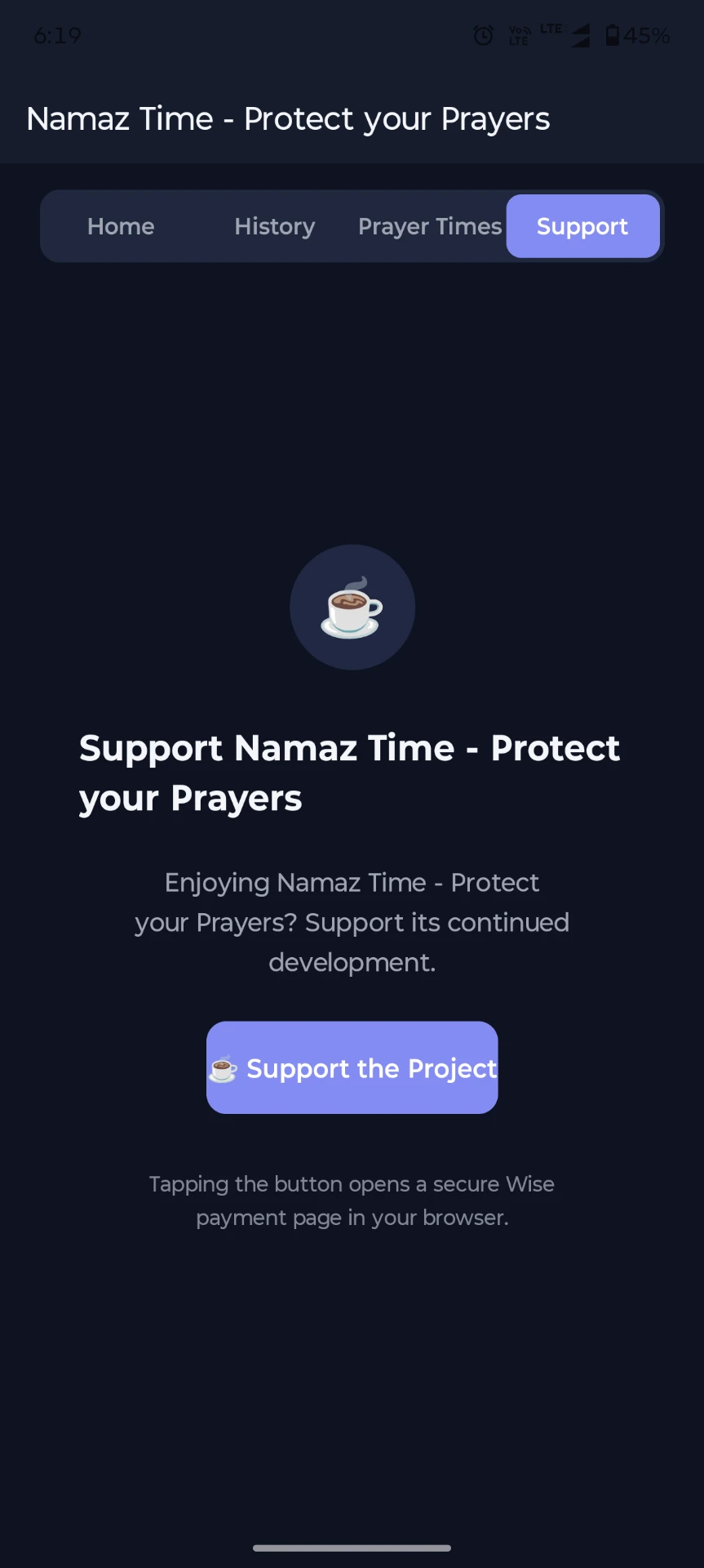 Namaz Time support screen opening Wise in a browser